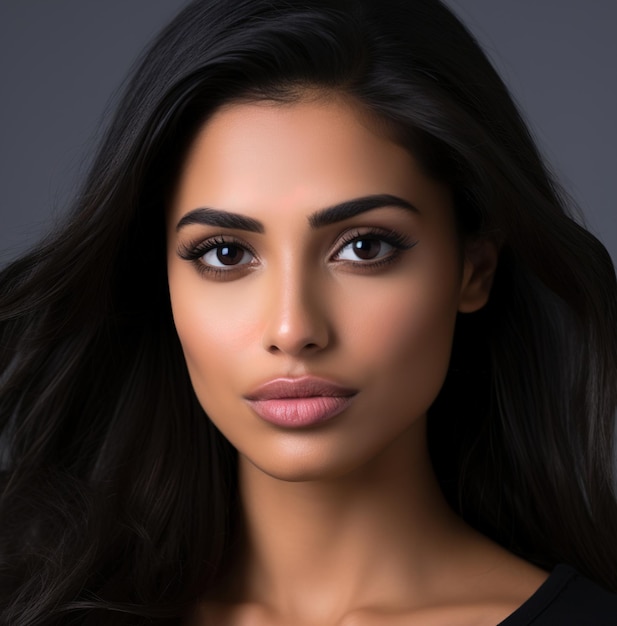 a woman with long brown hair and a black shirt.