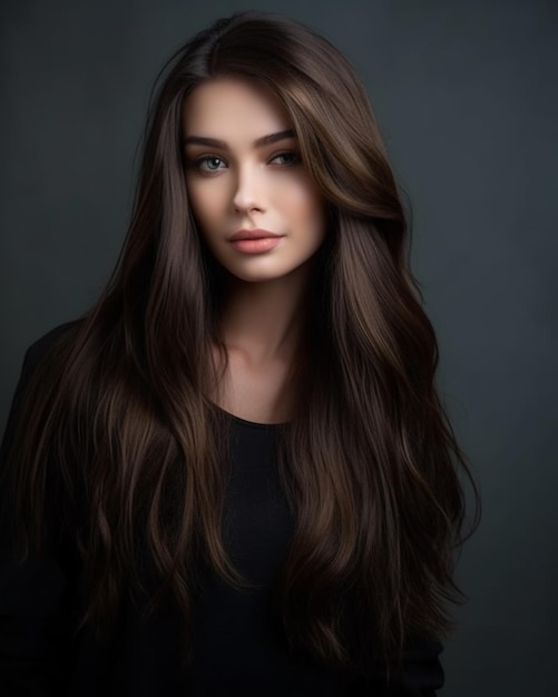 Photo a woman with long brown hair and a black shirt