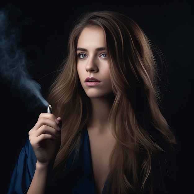 A woman with long brown hair and blue eyes is holding a cigarette.