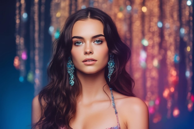 A woman with long brown hair and blue eyes stands in front of a colorful background with sequins.