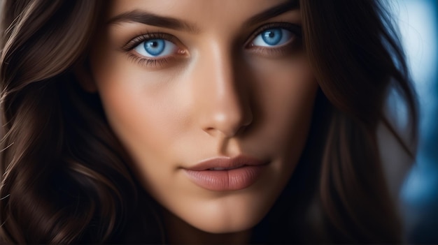 A woman with long brown hair and blue eyes