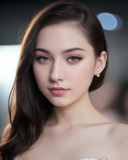 A woman with long brown hair and a blue eyeshadow looks into the camera