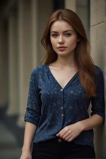 a woman with long brown hair and a blue shirt is standing on a road