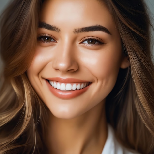 Photo a woman with long brown hair and a bright smile