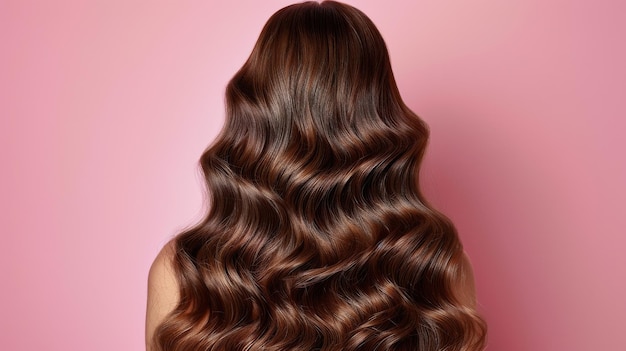 Woman With Long Brown Hair in Front of Pink Wall