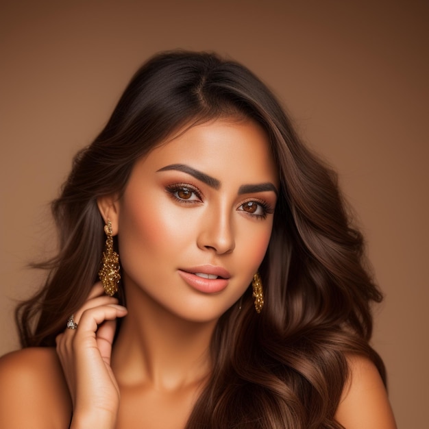 A woman with long brown hair and a gold earrings is posing for a photo.