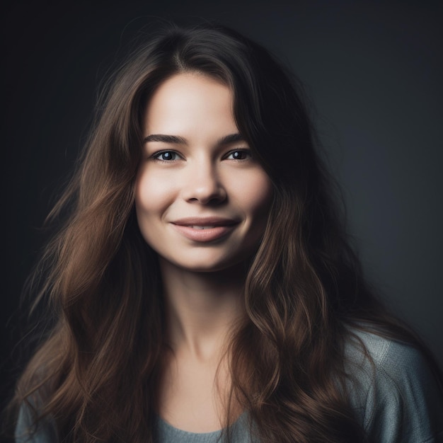 A woman with long brown hair and a gray sweater is smiling.