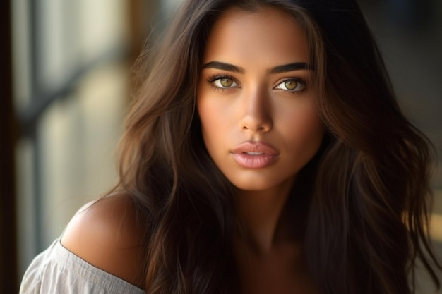 A woman with long brown hair and green eyes looks at the camera