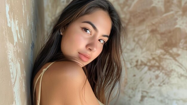 Photo a woman with long brown hair is posing in front of a floral patterned backdrop