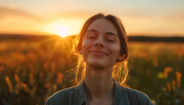 Photo a woman with long brown hair is smiling in a field of tall grass