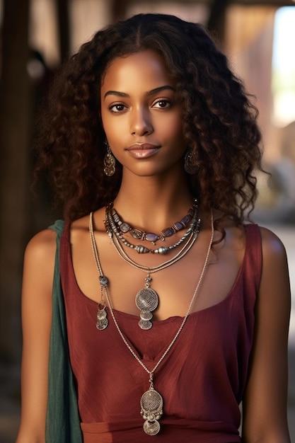 A woman with long brown hair and a necklace with the word black on it