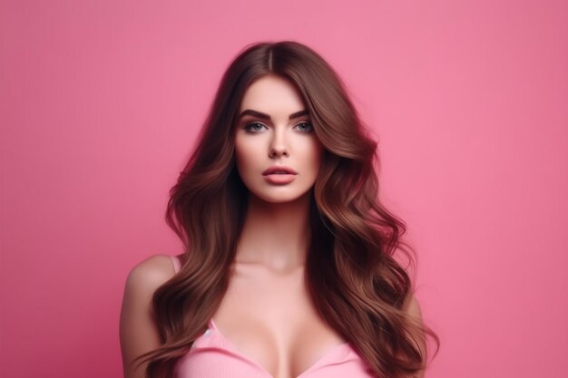 A woman with long brown hair in a pink dress