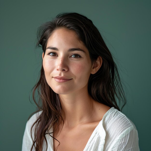 A woman with long brown hair posing for the camera