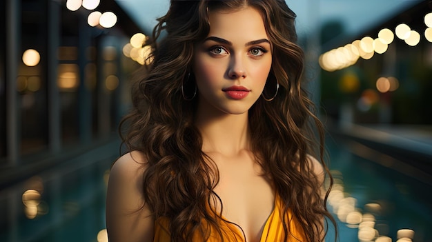 a woman with long brown hair and a red lip is posing with a light in the background