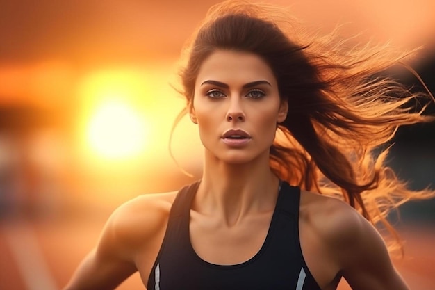 Photo a woman with long brown hair running in front of a sun setting