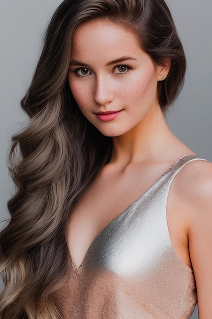 A woman with long brown hair and a silver dress