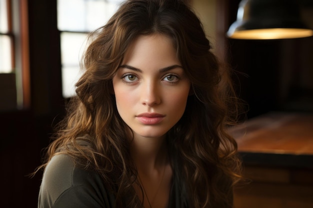 a woman with long brown hair sitting in a dark room