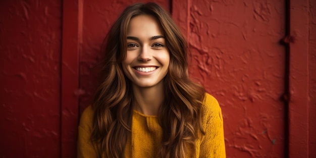 A woman with long brown hair smiles in front of a red wall