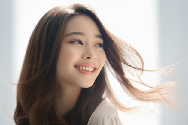 A woman with long brown hair smiles and looks into the camera