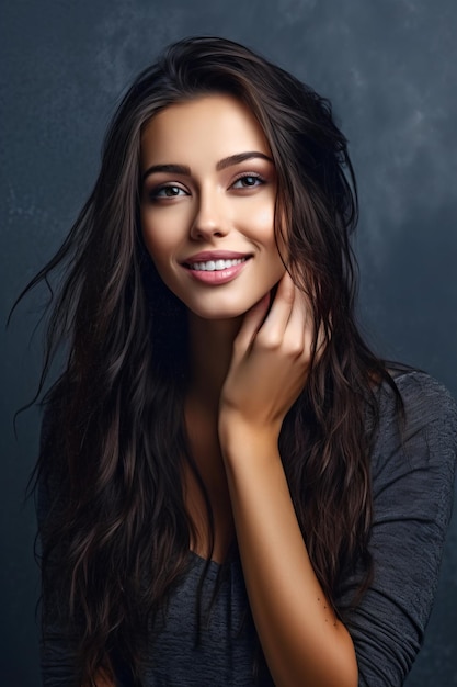 Woman with long brown hair smiling at the camera with her hand on her chin Generative AI