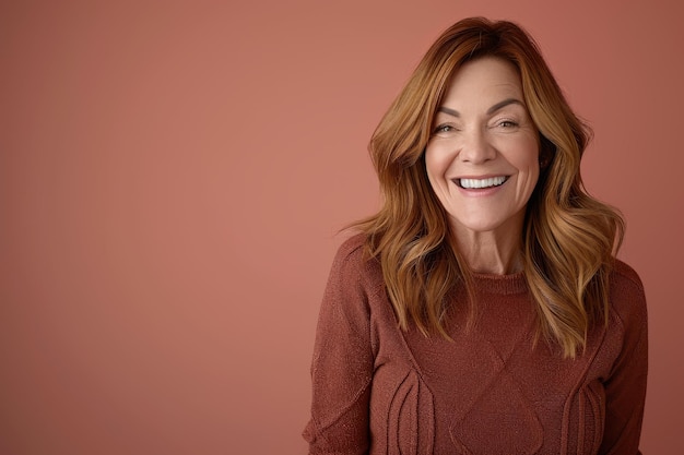 Foto una donna con i capelli lunghi e marroni che sorride alla telecamera