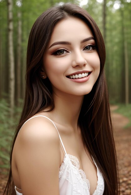 Photo a woman with long brown hair smiling in a forest area with trees and leaves on the ground and a path