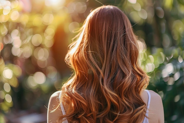 Женщина с длинными коричневыми волосами, устроенными в мягкие волны и кудрявые изображение показывает ее волосы, блестящие на солнечном свете