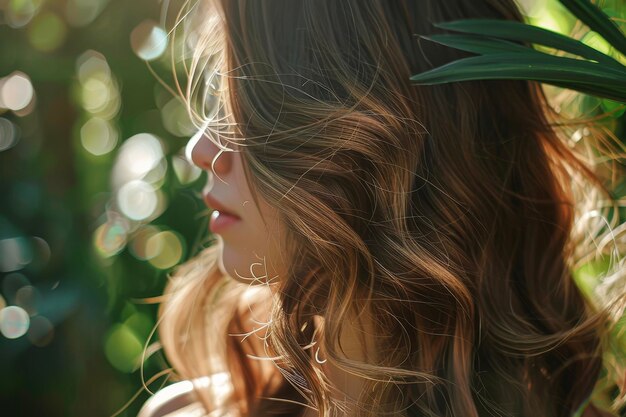 Foto una donna con i lunghi capelli castani stilizzati in onde morbide e riccioli