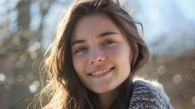 Photo a woman with long brown hair and a sweater on her head