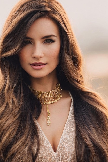 A woman with long brown hair wearing a gold necklace
