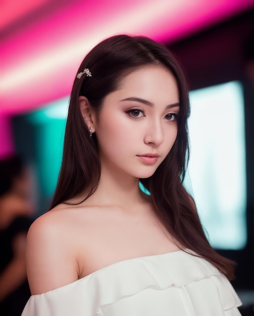 A woman with long brown hair and a white dress with a gold pin on her forehead