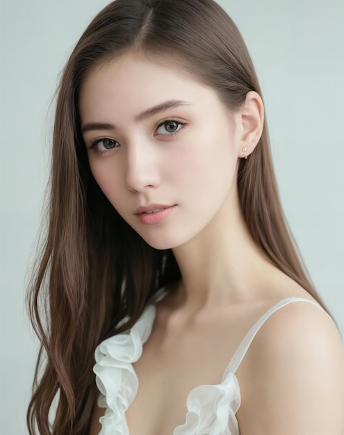 A woman with long brown hair and a white dress