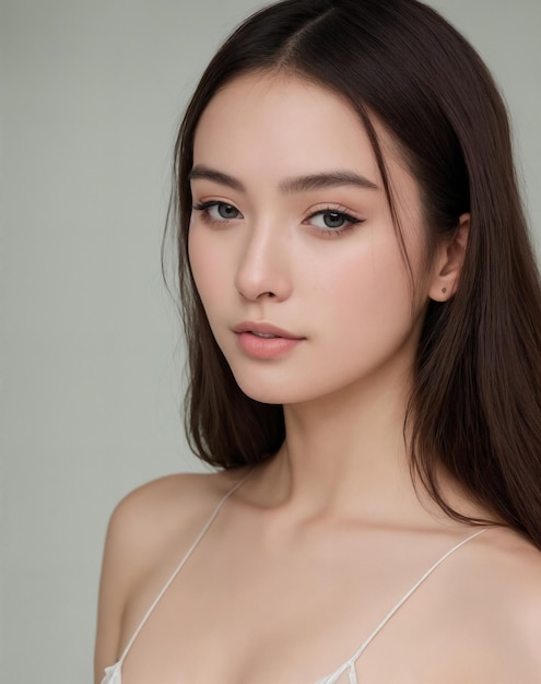 A woman with long brown hair and a white dress