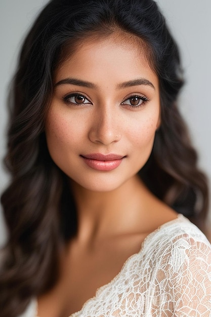 Photo a woman with long brown hair and a white lace top smiles at the camera.