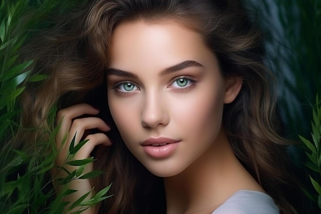 a woman with long brown hair and a white shirt is posing in front of a green plant