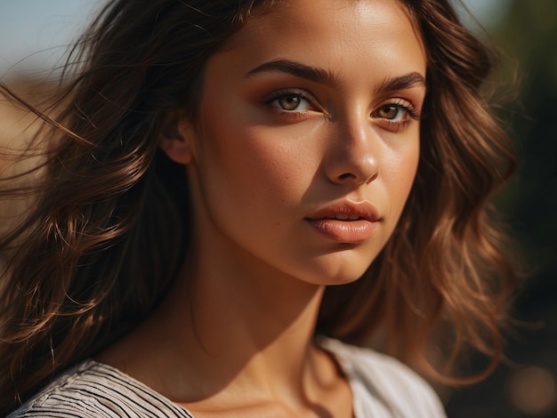 a woman with long brown hair and a white shirt is posing with a sun shade