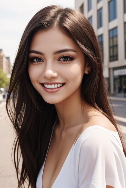 Photo a woman with long brown hair and a white shirt smiling at the camera with a city street in the backg