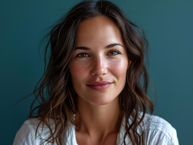 A woman with long brown hair and a white shirt