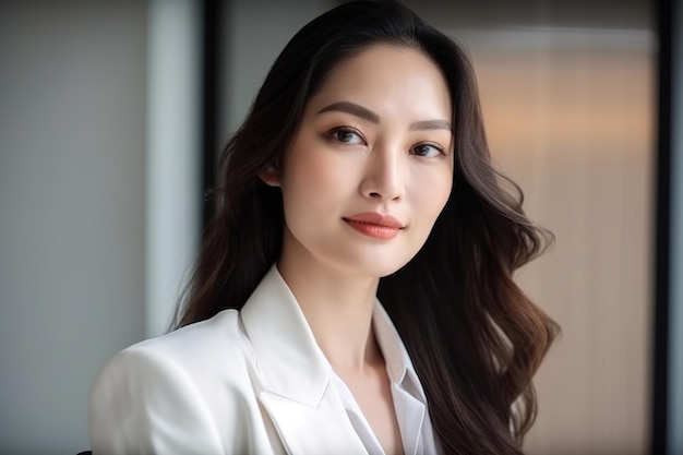 A woman with long brown hair and a white suit stands in front of a glass wall