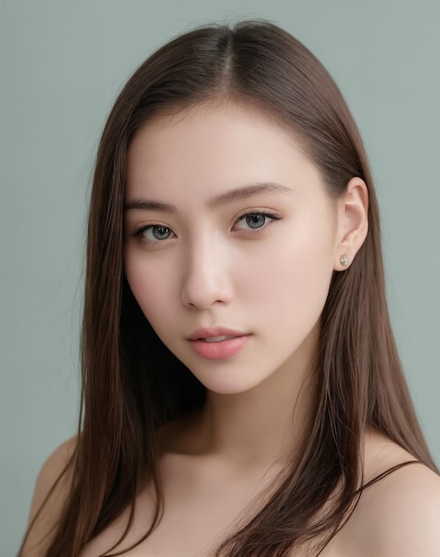 A woman with long brown hair and a white tank top