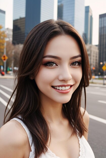 a woman with long brown hair and a white top smiles at the camera in a city street with tall buildin