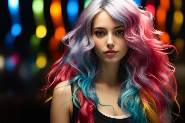 Woman with long colorful hair and black top Generative AI