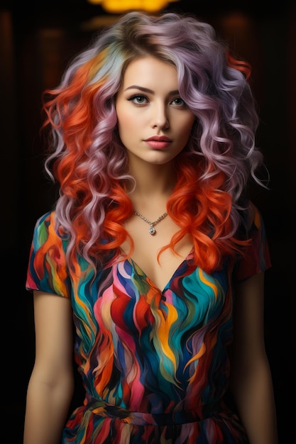 Woman with long colorful hair and necklace on her neck Generative AI