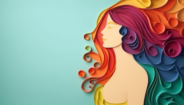 A woman with long colorful rainbow hair is the main focus of the image
