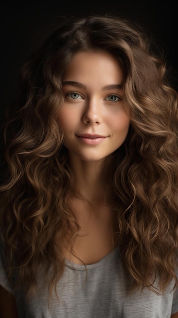 A woman with long curly hair and a black shirt