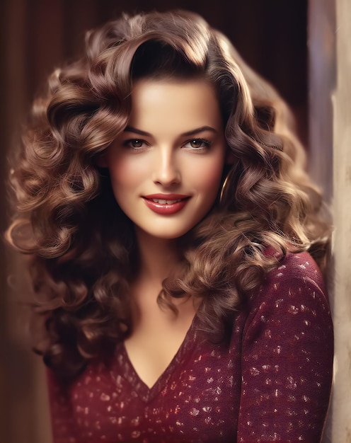 A woman with long curly hair is posing for this photo