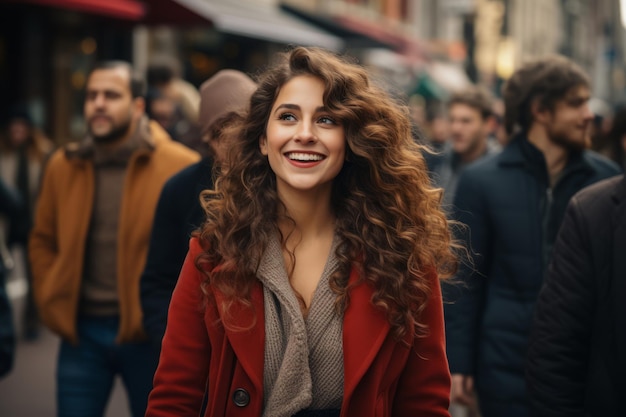 A woman with long curly hair is walking down the street