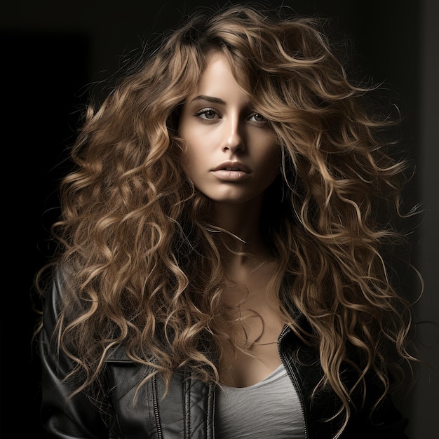 a woman with long curly hair in a leather jacket