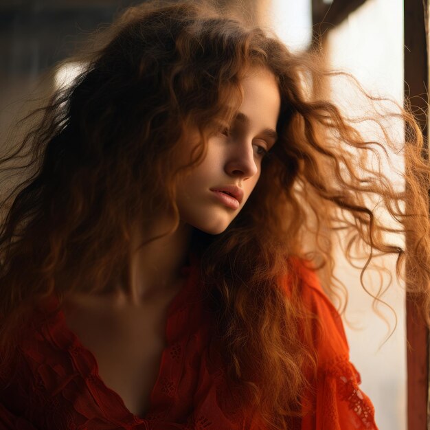 a woman with long curly hair looking out the window