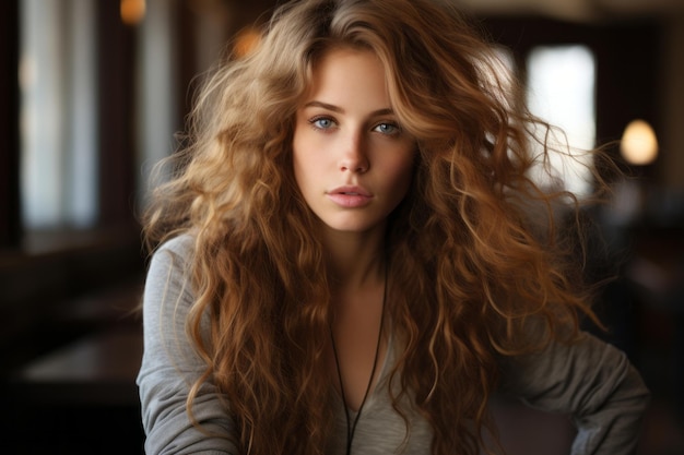 a woman with long curly hair sitting at a table